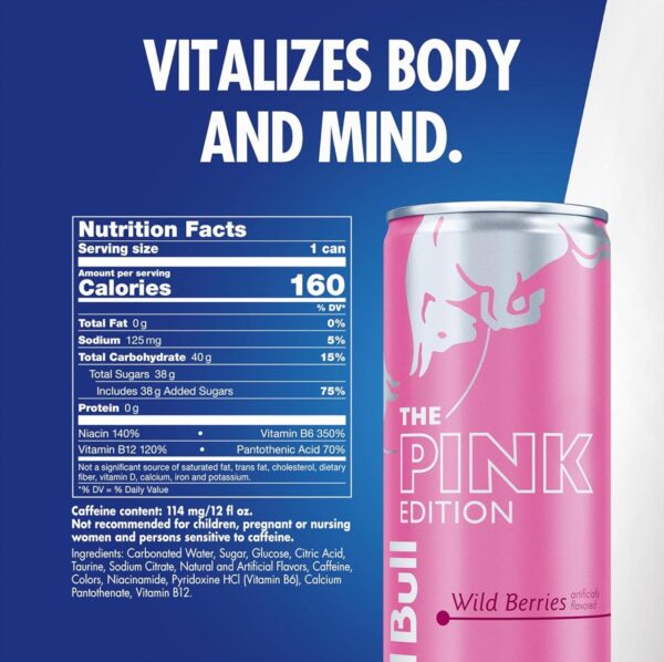 Red Bull Pink Edition Energy Drink, Wild Berries, 12 fl. z., Case of 24 cans, with 114mg Caffeine, Taurine & B Vitamins - Image 6