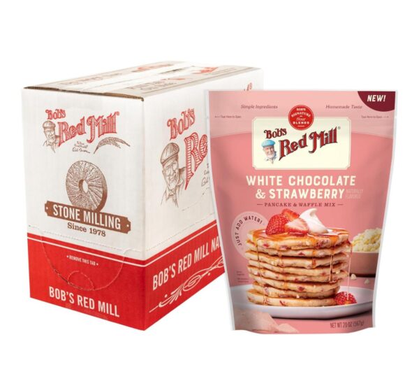 Bob's Red Mill White Chocolate & Strawberry Pancake Mix, 20oz (Pack of 4) - Just Add Water, Makes 32-40 Pancakes per Bag